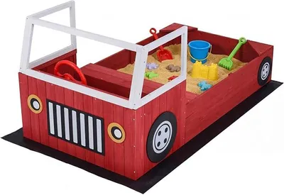 Imagen del producto de Silecomplaza, arenero de madera, 80 x 156 x 70 cm, juego con rueda giratoria, asientos en las esquinas y banco, diseño de camión de bomberos, arenero para exteriores, ideal para niños, para balcón, jardín