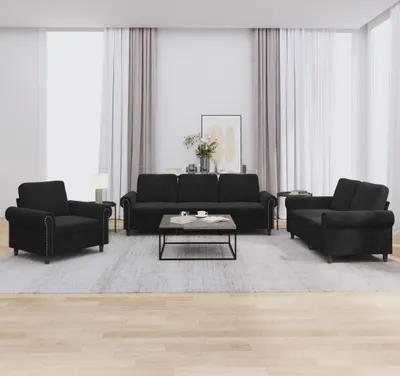 Produktbild von Design 3-tlg. Sofagarnitur mit Kissen Schwarz Samt, Schlafsofas 2024 Neu