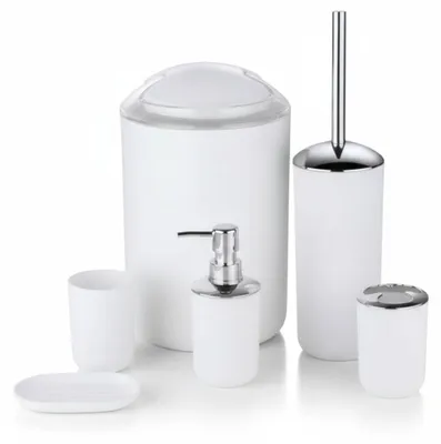 Produktbild von 6-TLG Badset Badezimmer Zubehör Set Organizer: (Weiß Design 3) Seifenspender, Zahnputzbecher, Kosmetikeimer, WC Bürste, Seifenschale, Mülleimer