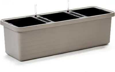 A taupe-colored self-watering planter with three compartments.
