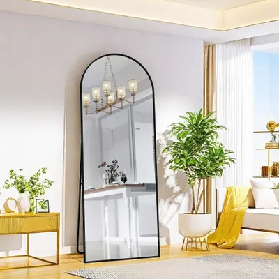 Immagine prodotto di Specchio a figura intera - Specchio da parete - Specchio a stativo - Specchio da bagno - Specchio a corpo intero - Cornice in alluminio nero curvato