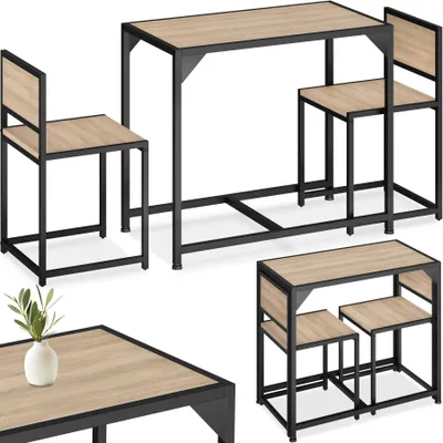 A collage of images showing a dining set with a table and chairs in an industrial style.