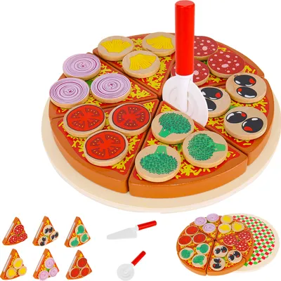 Produktbild von Pizza-Set Zubehör aus Holz für Kinderküche und Kaufladen Inklusive Schneidebrett und Pizzaschneider 27 Teile 22471