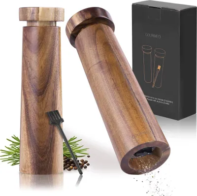 Produktbild von GOURMEO Salz- und Pfeffermühle Holz - Gewürzmühle Akazienholz - Einstellbare Mahlstärke - Pfeffer und Salzmühle - Pfeffer Salz Mühlenset - Salz Mühle