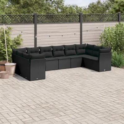Produktbild von Design 10-tlg. Garten-Sofagarnitur mit Kissen Schwarz Poly Rattan, Gartenmöbel-Sets 2024 Neu