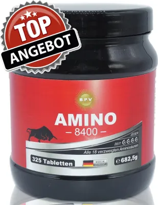 Produktbild von BPV - AMINO 325 Tabletten - Höchste Dosierung 8400 mg Tagesportion - Aminosäuren, BCAA, EAA - Liefert alle essentiellen & Verketteten Aminosäuren - Optimales Aminosäurenprofil mit vollem Spektrum - Hoher Anteil an Glutamin und BCAAs. Auch zu finden unter der Kategorie: Maca, L-Arginin, Zinc, Guarana, Ginseng, Koffein, Creatin Monohydrat, BCAA, EAA, Aminosäuren, Kreatin, Testosteron Booster, Tribulus Terrestris, Vitamine, Mineralstoffe, Vitalstoffe, Sporternährung, Supplements,