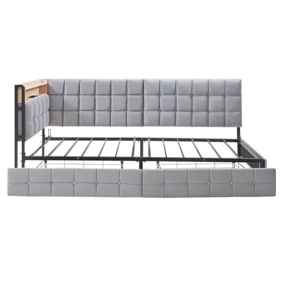 Produktbild von Merax Tagesbett Kinderbett 90x200 cm, Polster-Schlafsofa mit LED, 2 Schubladen & USB-/Typ-C-Anschluss, Einzelbett aus Samt für Jugendzimmer, Hellgrau