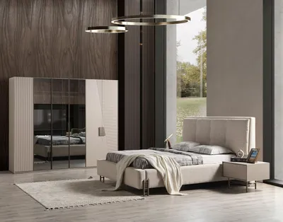 Produktbild von Komplettes Schlafzimmer Set Textilbett Designer Schrank Nachttische