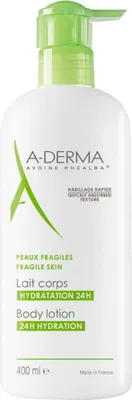 A white bottle of A-Derma body lotion with a green pump dispenser.