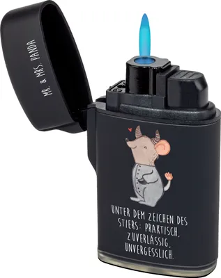 Produktbild von Mr. & Mrs. Panda Feuerzeug Stier Astrologie - Schwarz - Geschenk, gas anzünder, Sternzeichen, Feuerzeuge, Tierkreiszeichen, zigarettenanzünder, sturmfeuerzeug