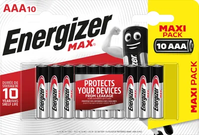 A blister pack of Energizer Max AAA batteries.