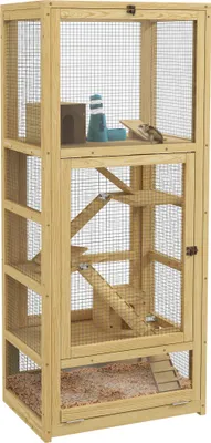 Image de PawHut Cage pour hamsters ou souris, petits animaux en bois, 5 niveaux avec échelle, balançoire, niche, abreuvoir, plateau amovible, 54 x 38 x 131 cm, naturel