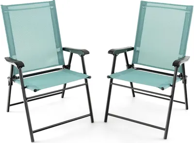 Two folding chairs with a green mesh seat and backrest on a white background.