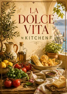 Immagine prodotto di Poster per cucina "La Dolce Vita" formato DIN A2 – Poster per cucina mediterranea con pasta, pomodori e basilico, finitura opaca