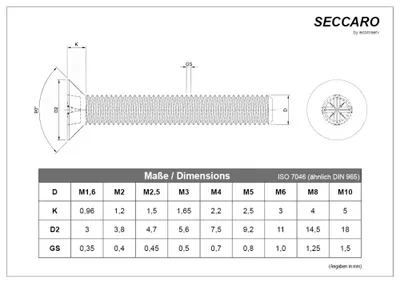 Produktbild von SECCARO Senkschraube M6 x 30 mm, Edelstahl V2A VA A2, DIN 965, Kreuzschlitz / PZ, Vollgewinde, 20 Stück