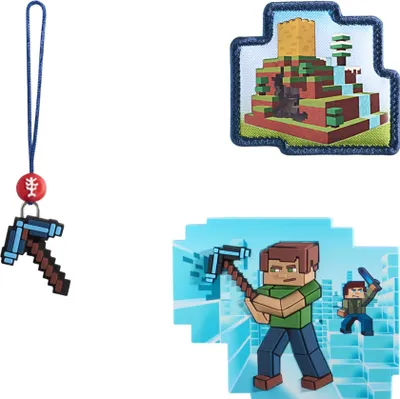 A collage of Minecraft-themed accessories, including a pickaxe charm, a patch, and character figures.