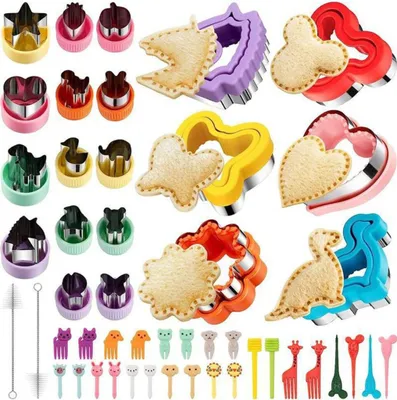 Produktbild von 48pcs Sandwich Cutter und Sealer Set, Edelstahl Obst Gemüse Keks Ausstecher Formen mit Obst Sticks, Dinosaurier Blume Herz Uncrustables Makers