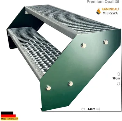 A pair of green and gray metal steps for a chimney.