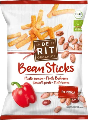 Produktbild von De Rit Bean Sticks Paprika, 75 g, Paprika, Pinto-Bohnenmehl (33%), Tapioka-Stärke, Sonnenblumenöl, Kartoffelstärke, Paprika-..., 505 kcal, 2111 kJ, 27 g