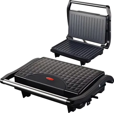 A black electric grill with a silver handle is shown with its lid open and closed.