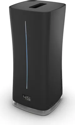 A black humidifier with a digital display and a blue light strip.