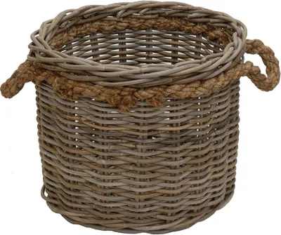 Produktbild von KRINES HOME Großer Pflanzkorb Holzkorb rund Grau Natur Rattan mit Seilrand / Übertopf aus Rattan (XL Ø50cm)