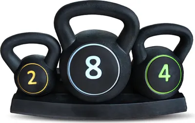 Produktbild von SPORTINATOR "Power" Kettlebell 3er Set | 8 kg, 4 kg, 2 kg mit Ablage | Robustes Material | Ergonomische Griffe | Ganzkörper-Workout | STR-121