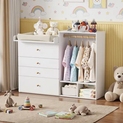 Produktbild von Wickelkommode mit Wickeltisch, Baby Wickeltisch mit Schubladen und Kleiderstange, Multifunktionale Kinderzimmer Kommode, 150 x 112 x 38 cm