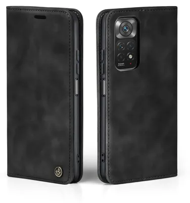 A black flip case for a smartphone, shown from the front and back.