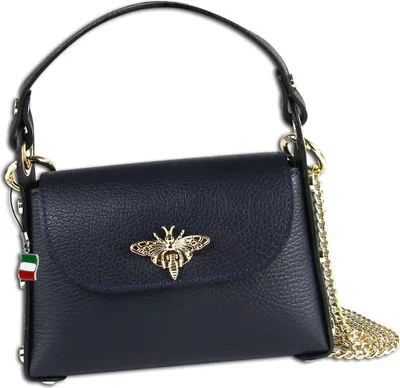 A dark blue leather handbag with a gold bee emblem and a gold chain strap, shown against a white background.