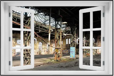 Produktbild von Wallario Wandbild mit Fenster-Illusion: Verlassene Industriehalle - Alte Fabrik, Größe: 61 x 91,5 cm, Poster mit schwarzem Aluminiumrahmen