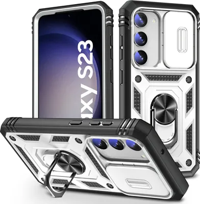Produktbild von Galaxy S23 Hülle, Schiebe Kamera Schutz Robust Rüstung Schutzhülle mit Ringhalterung Ständer Kartenhalter für Samsung Galaxy S23 Weiß