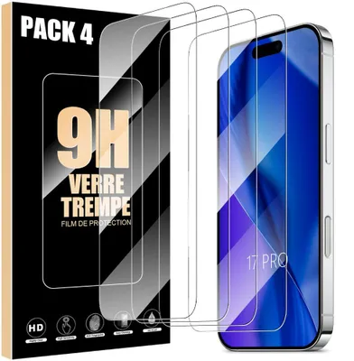 Image de Verre Trempé pour iPhone 17 Pro - Installation Facile Anti-Rayures 9H Résistant Transparent Pack de 4