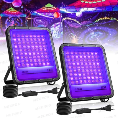 Obrázok produktu pre UV LED reflektor – 100W vonkajšie osvetlenie – 395 nm UV svetlo – konektor pre EU siete 220V – vodotesné párty osvetlenie – sada 2 kusov