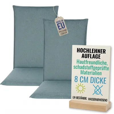 Produktbild von Pillows24 - 2x Hochlehner Auflagen 120x50x8 cm | Bequeme & Wetterfeste Gartenstuhlauflagen | Sitzkissen für  Gartenmöbel |   EU | Türkis