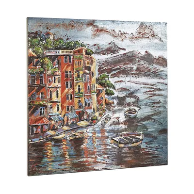 Produktbild von Kobolo Wandbild Wanddeko Metallbild 3D-Bild - PORT - XXL – 90x90 cm – Küste und Meer Urlaub Stadt Vintage Modern - Eingangsbereich Büro Flur Zimmer