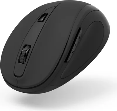 A black wireless optical mouse is shown from a slightly elevated side angle against a white background.