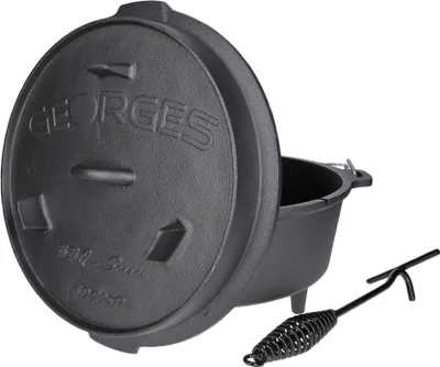 Obrázek produktu pro Litinová sada Dutch Oven 7,5 l - třínohý kotlík na venkovní oheň se zvedákem víka, již zapečený | nožičky na hrnci a víku, průchodka pro teploměr