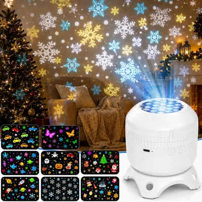 Produktbild von LED Projektor Sternenhimmel Lampe Kinder Weihnachts Projektionslichter 360° Drehbar Einschlafhilfe Baby Nachtlicht Schneeflocken Weihnachtsbeleuchtung, KI-generiertes Bild