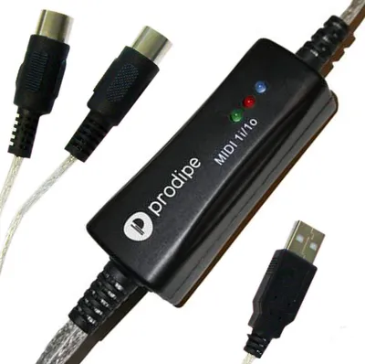 Produktbild von USB-MIDI-Konverter 1i1o, 2m Kabel, mit LED-Anzeige für MIDI Eingang und Ausgang