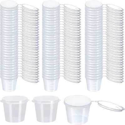 Image de Contenants en plastique jetables avec couvercle - Récipients de portion de 28 grammes (1 once) pour sauces, dips et vinaigrettes - Transparents