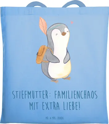 Produktbild von Mr. & Mrs. Panda Shopping Tasche Stiefmutter Liebe - Sky Blue - Geschenk, herzerwärmende Sprüche, Schultasche, Jutebeutel, Beziehung, Einkaufstasche, Familie Verwandte