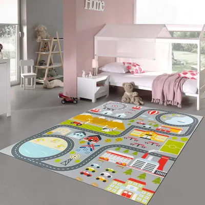 Produktbild von Kinderzimmerteppich rutschsicher mit Städtemuster in Grau Größe - 160 cm Rund