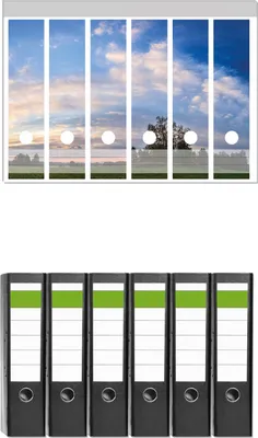 Produktbild von Wallario 6 Stück breite Ordner inkl. Klebeetiketten mit Motive Morgenhimmel über Wäldern und Wiesen -  Set mit Rückenschildern / Ordnerrücken Stickern
