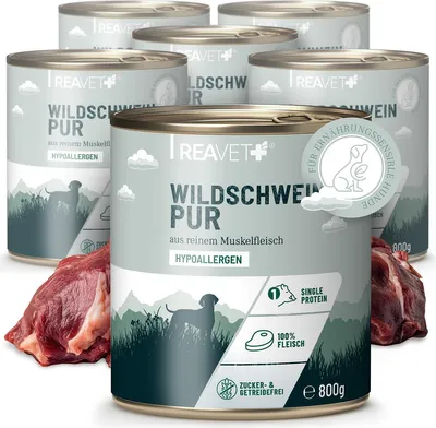 Produktbild von REAVET Premium Hunde Nassfutter - Wildschwein Pur 6 x 800g I Reines Muskelfleisch, Hypoallergen, ohne Getreide & Zusätze, Hundenassfutter sensitiv für Allergiker