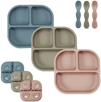Immagine prodotto di Set da tavola per bambini Ibenzoa® antiscivolo, composto da 3 pezzi, con ventosa e cucchiai: 3 piatti realizzati in silicone privo di BPA, infrangibili, adatti al microonde e alla lavastoviglie