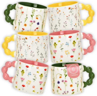 Produktbild von Kaffeetassen 6er Set mit Blumen Dekor, 360 ml Porzellanbecher