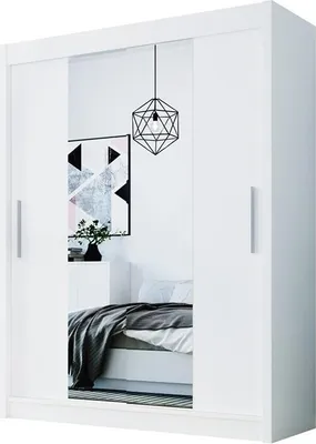 A white sliding door wardrobe with mirrored doors reflecting a bedroom interior.
