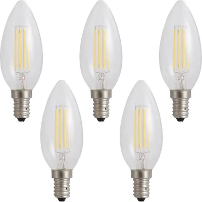 Productafbeelding van 5-delige set LED-lampen in kaarsvorm, helder glas, met E14-fitting, 5,5 Watt, 700 lumen, warm wit licht (2700K)
