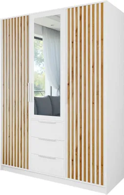 A white wardrobe with wooden slatted doors and a mirror.